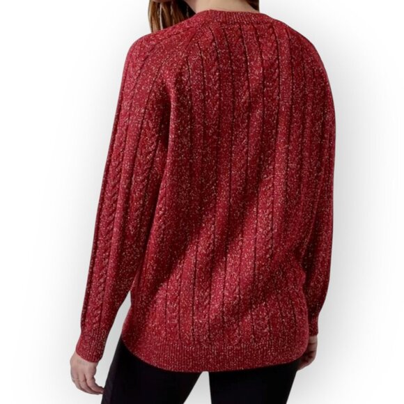 Athleta Red Silver Metallic Sparkle Cable Knit Sweater XS - Picture 2 of 7
